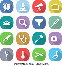 flat vector icon set - alarm clock vector, microscope, telescope, electrostatic, scales, magnifier, funnel, medical thermometer, pipette, stethoscope, doctors hammer, measuring tape, handle, pruner