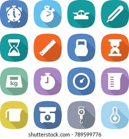 flat vector icon set - alarm clock vector, stopwatch, scales, medical thermometer, sand, ruler, heavy, barometer, measuring cup, kitchen, handle