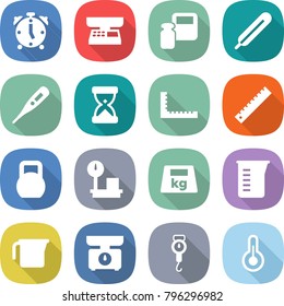 flat vector icon set - alarm clock vector, market scales, weight, medical thermometer, sand, ruler, heavy, warehouse, measuring cup, kitchen, handle