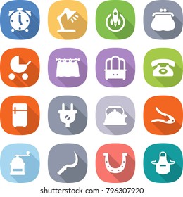 flat vector icon set - alarm clock vector, table lamp, rocket, purse, baby stroller, curtain, dresser, phone, fridge, plug, kettle, walnut crack, hand mill, sickle, horseshoe, apron