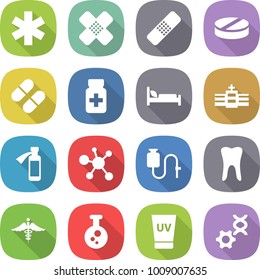 flat vector icon set - ambulance star vector, medical patch, pill, pills bottle, hospital bed, potion, virus, dropper, tooth, sign, chemical, uv cream, dna edit