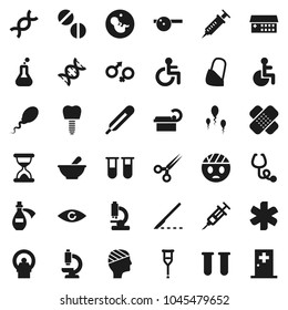 Flat vector icon set - ambulance star vector, disabled, thermometer, flask, vial, eye, gender sign, dna, pregnancy, syringe, crutches, scissors, scalpel, sand clock, patch, stethoscope, pills, sperm