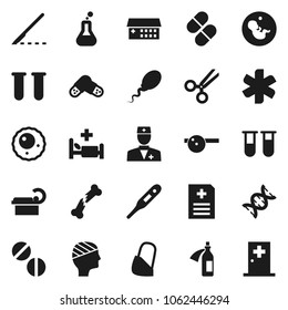Flat vector icon set - ambulance star vector, doctor, thermometer, flask, vial, dna, pregnancy, scissors, scalpel, broken bone, pills, eye hat, anamnesis, hospital bed, building, tomography, potion