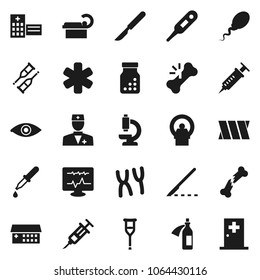 Flat vector icon set - ambulance star vector, doctor, thermometer, eye, syringe, dropper, crutches, scalpel, broken bone, pills bottle, microscope, chromosomes, hospital building, diagnostic monitor