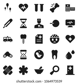Flat vector icon set - ambulance star vector, heart pulse, cross, doctor, thermometer, vial, magnifier, pregnancy, insemination, broken bone, sand clock, patch, pills, mortar, blood drop, anamnesis