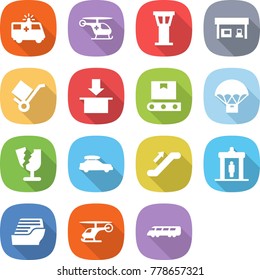 flat vector icon set - ambulance car vector, helicopter, airport tower, gas station, trolley, package, transporter tape, parachute delivery, broken, baggage, escalator, detector, cruise ship