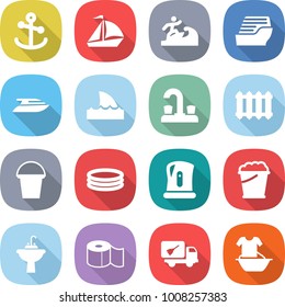 flat vector icon set - anchor vector, sail boat, surfer, cruise ship, yacht, shark flipper, water tap, radiator, bucket, inflatable pool, kettle, foam, sink, toilet paper, home call cleaning