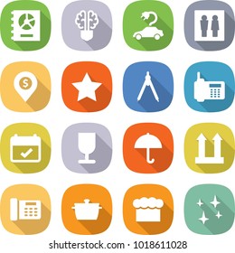 flat vector icon set - annual report vector, bulb brain, electric car, wc, dollar pin, star, drawing compasses, phone, terms, fragile, dry cargo, top sign, office, pan, chief hat, shining