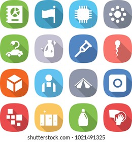 flat vector icon set - annual report vector, flag, chip, round around, electric car, cleanser, crutch, sperm, 3d, workman, tent, ring button, blocks, clean window, wiping