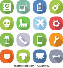 flat vector icon set - annual report vector, notebook wireless, clipboard, medical label, skull, mansion, airplane, sun, floor lamp, phone, wrench, colander, mushroom, udder, blower