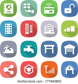 flat vector icon set - annual report vector, gift, tap to pay, unlock, pills blister, skyscrapers, office, sorting, surfer, water, stool, garage, share, 3d, antenna signal, barn