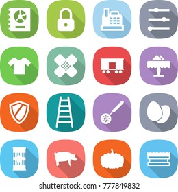 flat vector icon set - annual report vector, lock, cashbox, equalizer, t shirt, medical patch, railroad shipping, restaurant, shield, ladder, skimmer, eggs, pasta, pig, pumpkin, sponge