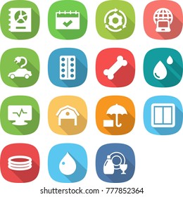 flat vector icon set - annual report vector, calendar, around gear, notebook globe, electric car, pills blister, bone, blood drop, monitor pulse, barn, insurance, power switch, inflatable pool