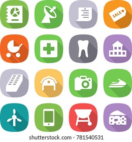 flat vector icon set - annual report vector, satellite antenna, shopping list, sale label, baby stroller, medical cross, tooth, cottage, brick, barn, camera, jet ski, windmill, phone, bbq, cheese