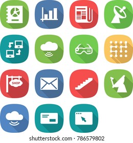 flat vector icon set - annual report vector, graph, newspaper, satellite antenna, notebook connect, cloud wireless, smart glasses, chip, shop signboard, mail, stairs, service, envelope