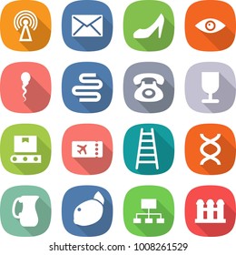 flat vector icon set - antenna vector, mail, shoes, eye, sperm, intestines, phone, fragile, transporter tape, ticket, ladder, dna, jug, lemon, hierarchy, grain elevator