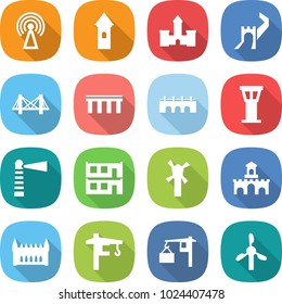 flat vector icon set - antenna vector, tower, castle, greate wall, bridge, airport, lighthouse, modular house, windmill, fort, gothic architecture, crane, loading