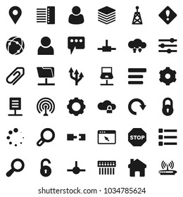 Flat vector icon set - antenna vector, connect, connection, notebook network, folder, cloud lock, exchange, big data, browser, gear, equalizer, menu, hub, home, message, redo, loading, route arrow