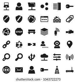 Flat vector icon set - antenna vector, connection, notebook network, disconnection, folder, cloud, big data, browser, equalizer, shield, firewall, hub, usb modem, lan connector, share, bench, mail