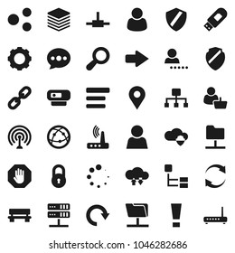 Flat vector icon set - antenna vector, internet, connect, network folder, server, cloud shield, exchange, big data, gear, menu, usb modem, router, share, message, bench, arrow, refresh, redo, chain