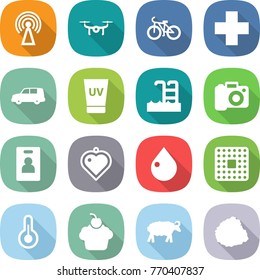flat vector icon set - antenna vector, drone, bike, cross, car shipping, uv cream, pool, camera, identity card, heart pendant, drop, cpu, thermometer, cupcake, sheep, pile of garbage