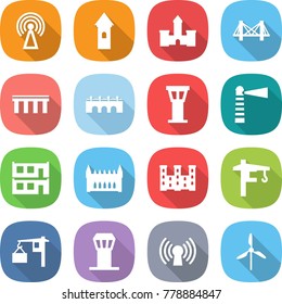 flat vector icon set - antenna vector, tower, castle, bridge, airport, lighthouse, modular house, gothic architecture, palace, crane, loading, windmill