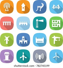 flat vector icon set - antenna vector, tower, greate wall, bridge, lighthouse, modular house, windmill, fort, gothic architecture, crane, airport