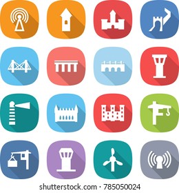 flat vector icon set - antenna vector, tower, castle, greate wall, bridge, airport, lighthouse, gothic architecture, palace, crane, loading, windmill