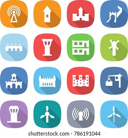 flat vector icon set - antenna vector, tower, castle, greate wall, bridge, airport, modular house, windmill, fort, gothic architecture, palace, loading