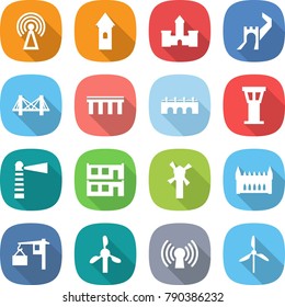 flat vector icon set - antenna vector, tower, castle, greate wall, bridge, airport, lighthouse, modular house, windmill, gothic architecture, loading