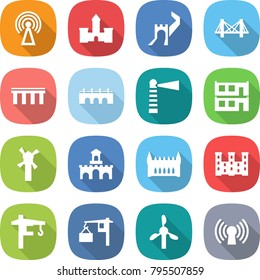 flat vector icon set - antenna vector, castle, greate wall, bridge, lighthouse, modular house, windmill, fort, gothic architecture, palace, tower crane, loading