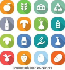 flat vector icon set - apple vector, spikelets, greenhouse, recycle, vegetable oil, mushroom, onion, spike, flour, harvest, pear, beet, strawberry, egg, potato