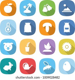 flat vector icon set - apple vector, island, flippers, landscape, thermometer, flour, mushroom, pig, seedling, sprouting, flower, rabbit, watering can, wasp, egg