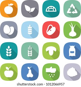 flat vector icon set - apple vector, leafs, greenhouse, recycle, eggs, spike, beans, onion, mushroom, flour, pear, sow, pile of garbage