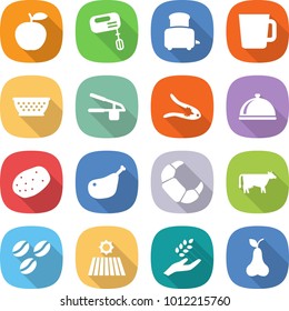 flat vector icon set - apple vector, mixer, toaster, cup, colander, garlic clasp, walnut crack, meal cap, potato, chicken leg, croissant, cow, coffee seeds, field, harvest, pear