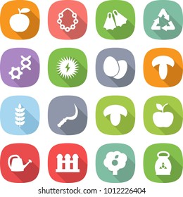 flat vector icon set - apple vector, hawaiian wreath, flippers, recycle, dna edit, solar power, eggs, mushroom, spike, sickle, watering can, grain elevator, garden, fertilizer