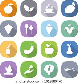 flat vector icon set - apple vector, leafs, flower bed, lemon, berry, trees, grape, corn, seedling, eggplant, pear, sprouting, hand leaf, garden, blower