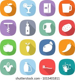 flat vector icon set - apple vector, cocktail, fridge, cup, corkscrew, vegetable oil, jug, potato, tomato, carrot, lemon, hot pepper, corn, shampoo, tooth brush, wiping