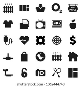 Flat vector icon set - apple fruit vector, any currency, dollar sign, heart pulse, jump rope, t shirt, target, oxygen, money, document, big scales, pregnancy, drop counter, connect, home, unlock, tv