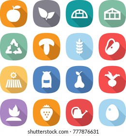 flat vector icon set - apple vector, leafs, greenhouse, recycle, mushroom, spike, beans, field, flour, pear, beet, sprouting, strawberry, watering can, egg