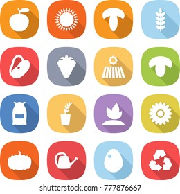 flat vector icon set - apple vector, gas oven, mushroom, spike, beans, berry, field, flour, seedling, sprouting, flower, pumpkin, watering can, egg, recycling