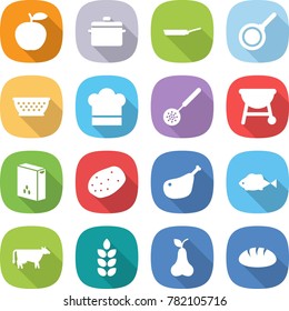 flat vector icon set - apple vector, pan, colander, cook hat, skimmer, bbq, cereals, potato, chicken leg, fish, cow, spike, pear, bread