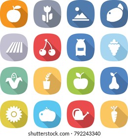 flat vector icon set - apple vector, perishable, landscape, lemon, field, cherry, flour, grape, corn, seedling, pear, flower, tomato, watering can, carrot