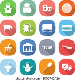 flat vector icon set - apron vector, toaster, food processor, sieve, pig, vacuum cleaner, sponge, utility room, drying clothes, brush, water tap sink, duster, home call cleaning