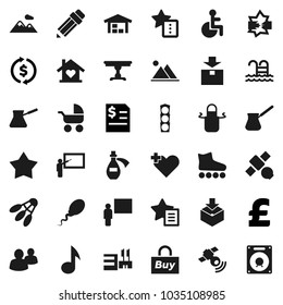 Flat vector icon set - apron vector, turk coffee, pencil, blackboard, music, exchange, annual report, pound, roller Skates, shuttlecock, pool, satellite, traffic light, package, satellitie, group