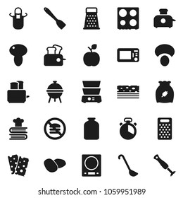 Flat vector icon set - apron vector, cook timer, spatula, ladle, grater, toaster, oven, double boiler, cookbook, bbq, jar, cereal, mushroom, potato, apple fruit, breads, no fastfood, microwave