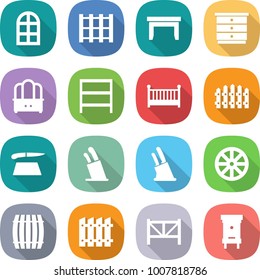 flat vector icon set - arch window vector, pallet, table, chest of drawers, dresser, rack, crib, fence, cutting board, stands for knives, knife holder, wheel, barrel, farm, hive
