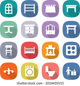 flat vector icon set - arch window vector, rack, curtain, table, nightstand, dresser, stool, chair, crib, fireplace, hob, hard reach place cleaning, washing machine, toilet, kitchen