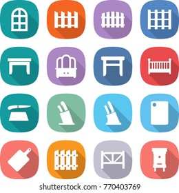flat vector icon set - arch window vector, fence, pallet, table, dresser, stool, crib, cutting board, stands for knives, knife holder, farm, hive