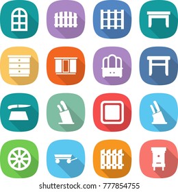 flat vector icon set - arch window vector, fence, pallet, table, chest of drawers, wardrobe, dresser, stool, cutting board, stands for knives, knife holder, wheel, trailer, hive